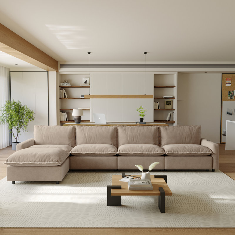 Moncada 5-Piece Modular Linen L-Shaped Power Reclining Sectional With Zero-Gravity And Heated Seats, Khaki Linen