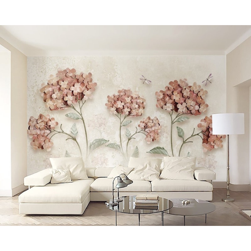 Papier peint à motif floral rétro avec fleurs d'hortensia, L 35 po x l 55 po