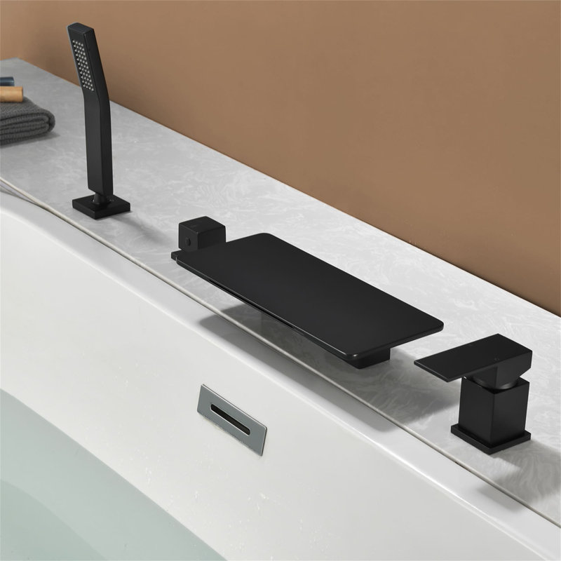 4 Hole Deck Mount Tub Faucet With Hand Shower Waterfall Bathtub Faucet Brass Single Handle Tub Fillers With Valve