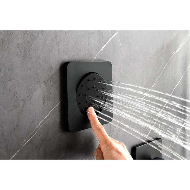 Shower System In Matte Black With Practical Design: Head, Hand Shower, Slide Bar, Bodysprays, Arm, Hose, Valve Trim Bathroom Shower: Head