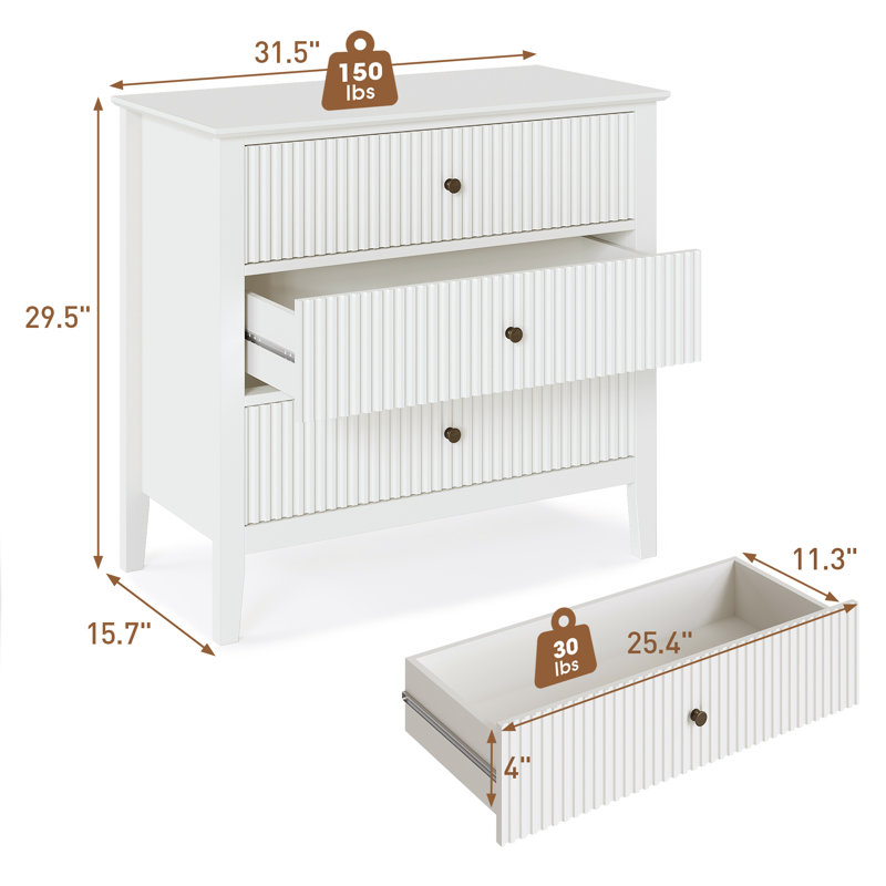 3 Drawer 80cm W Dresser, White