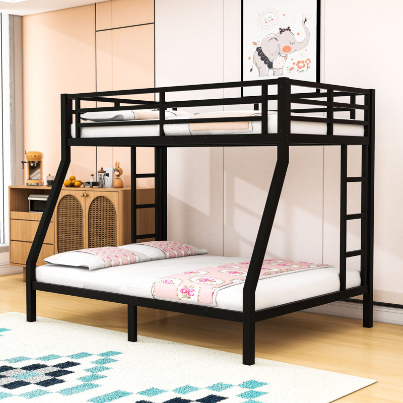 Twin-Over-Full Metal Bunk Bed With Ladders And Guardrails, Twin Over Full, Black