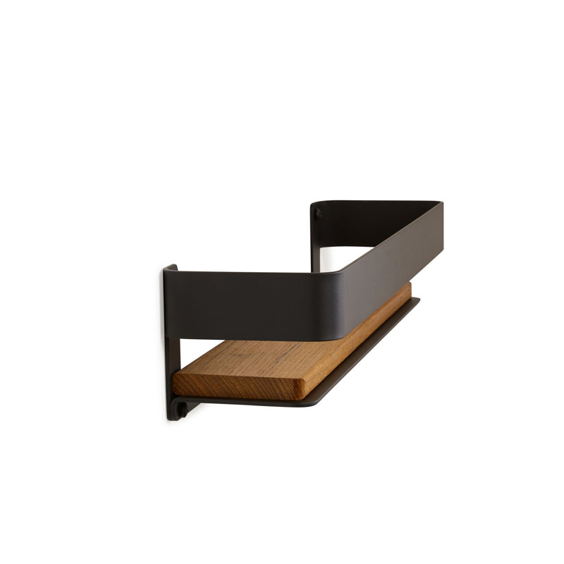 Clet Wall Mount Stainless Steel Teak Wood Rectangular Bathroom Shelf, Matte Black