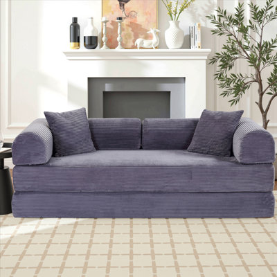 80.7" Corduroy Sleeper Sofa Boneless Modular Sofa Bed Compression Foam Couch Bed With 2 Pillows and Fixed Metal Frame, Gray