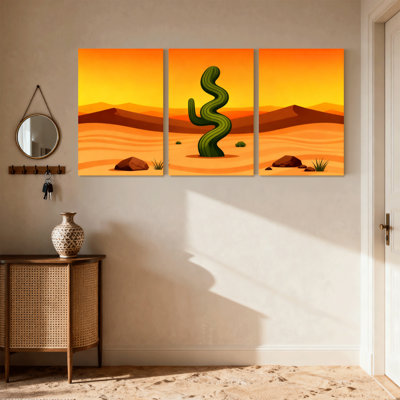 «Cactus Desert Landscape with Cactus and Sunset», ensemble de 3 impressions sur toile