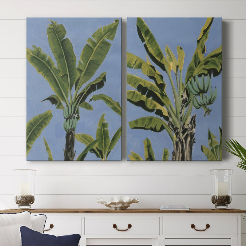 Feuilles de bananier sur toile tendue bleue I-Premium - prête à être accrochée, H 48 po x l 64 po