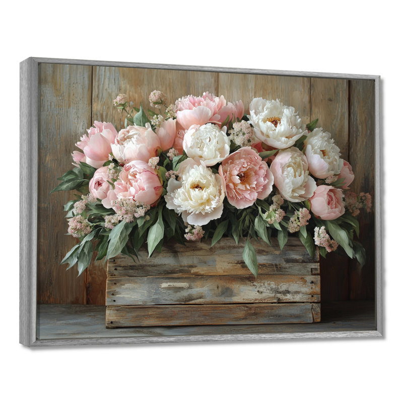 Farmhouse Chic Bouquet II - pivoines, art mural, H 12 po x l 20 po, Impression encadrée flottante, Argent argent