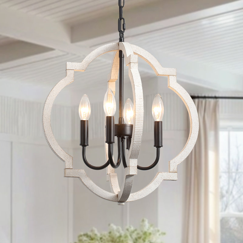 Lustre géométrique en bois vieilli style campagnard à 4 lumières Uman, Noir / blanc