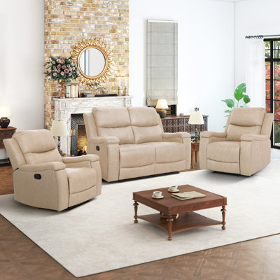 3 - Piece Transitional Modern Faux Leather Living Room Set, Manual Reclining Couch With Cup Holders