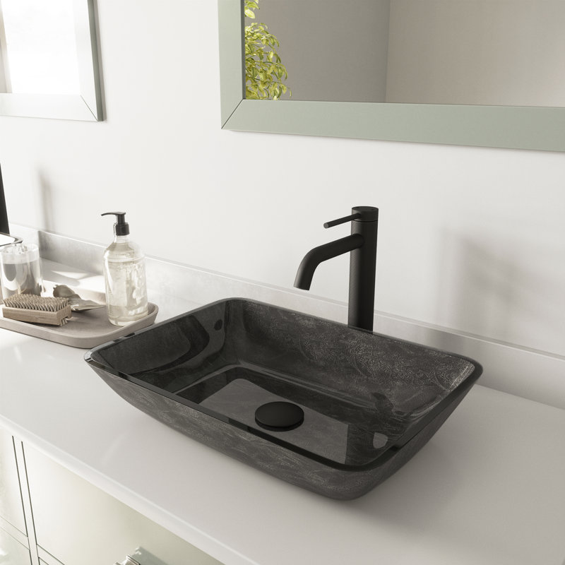 Donatello 18" L x 13" W x 4" H Rectangular Glass Vessel Bathroom Sink with 10" H Faucet, Gray Onyx, Matte Black