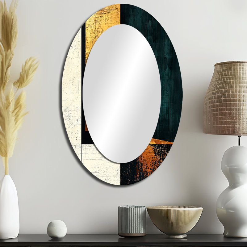 Abstrait abstrait doré et émeraude changeant de perspective - Miroir décoratif abstrait ovale sur métal, 36 po x 24 po