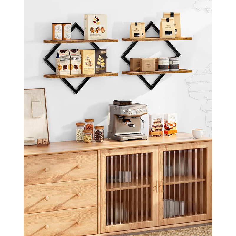 Floating Shelves Set Of 2, Wall Mounted Shelves With Diamond Design, 2-Tier Hanging Shelves For Living Room, Bedroom, Kitchen, Office, Study, Sturdy And Space-Saving Storage Solution