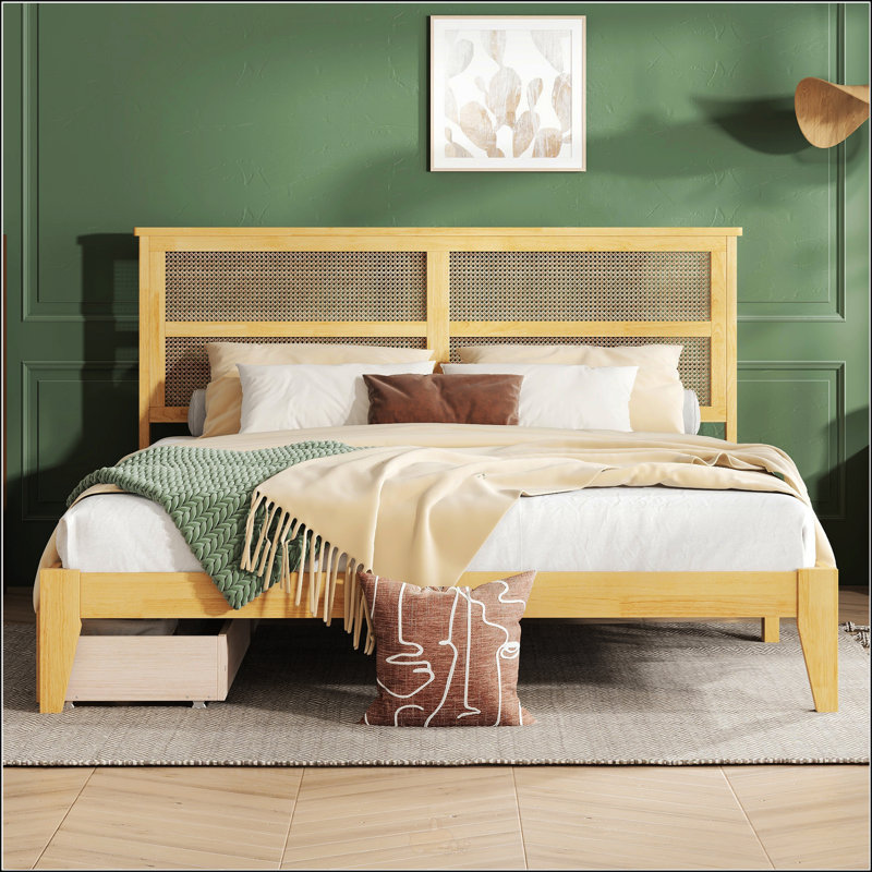 King Size Bed With Rattan Headboard, King, White Oak