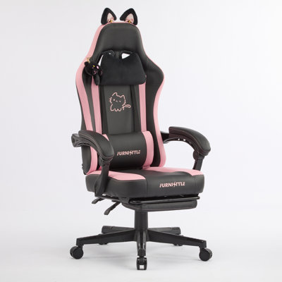 Gaming Chair Cute with Cat Ears & Ringing Accessories and Lumbar Support, Ergonomic Computer Chair for Girl with Footrest and Headrest by Inbox Zero