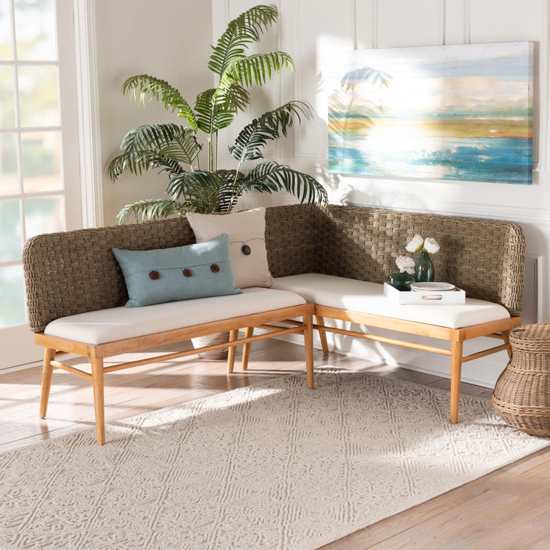 Denver Natural Seagrass and Acacia Wood Dining Nook Banquette Set