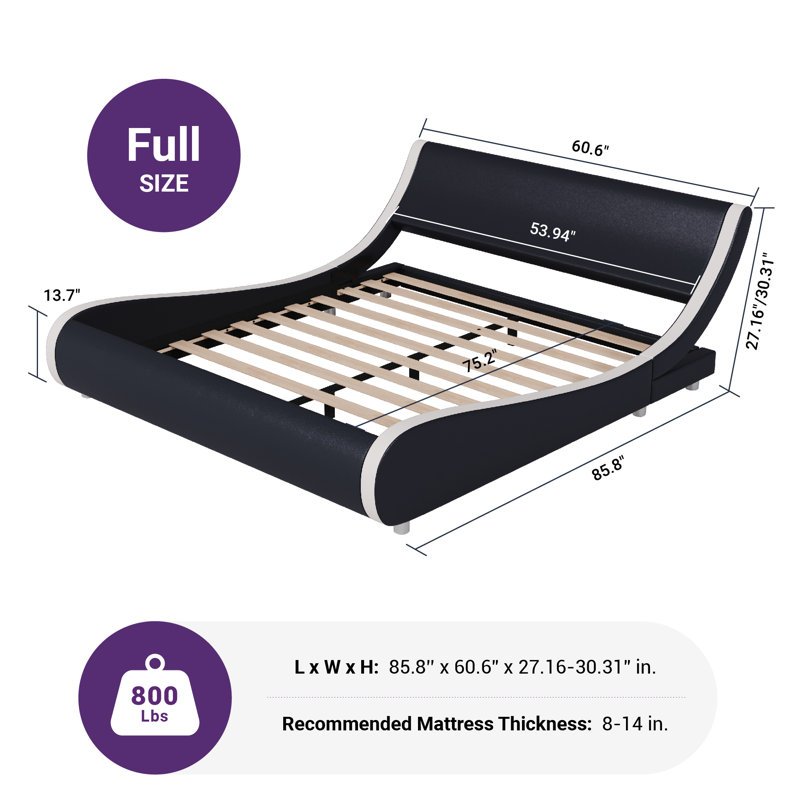 Low Profile Sleigh Bed With Adjustable Headboard, Full, Black/White