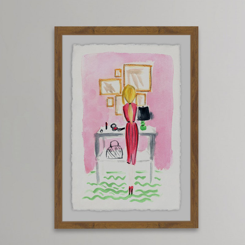 « getting ready », reproduction de peinture à l’aquarelle encadrée, H 30 po x l 20 po x P 1,5 po, Cadre brun