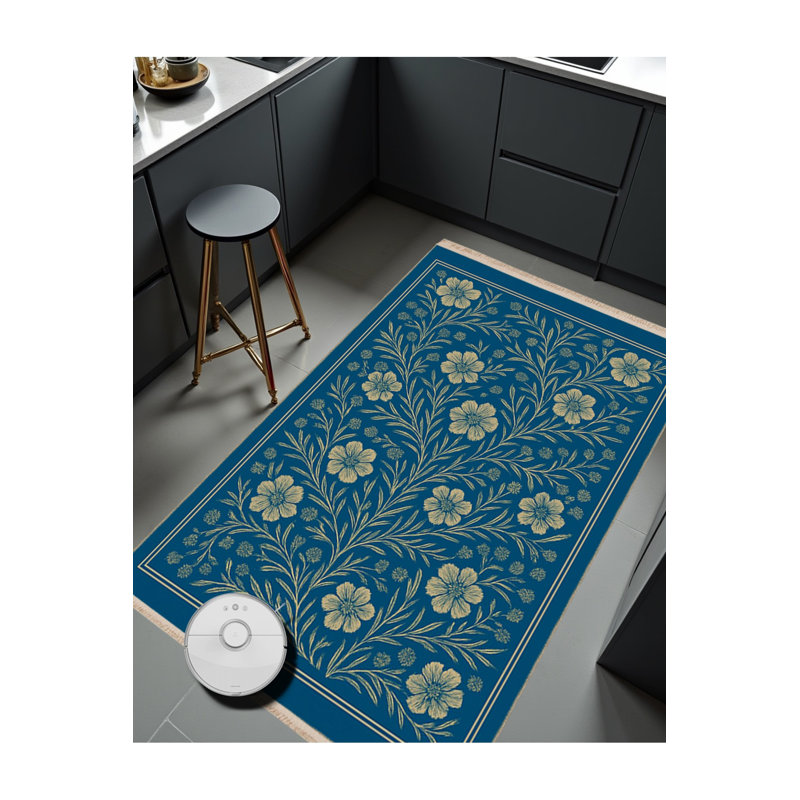 Tapis jaune tissé à motif floral lavable Mosso, 2'6" x 9'10"