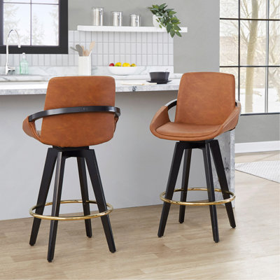Tabouret de comptoir à hauteur fixe avec pivot en bois noir et similicuir avec repose-pieds arrondi en métal doré - ensemble de 2