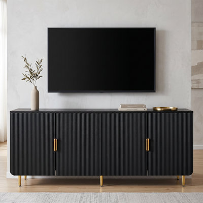 64.8" Black Fluted TV Stand with Gold Handles, Modern Media Console with Storage for TVs up to 75"