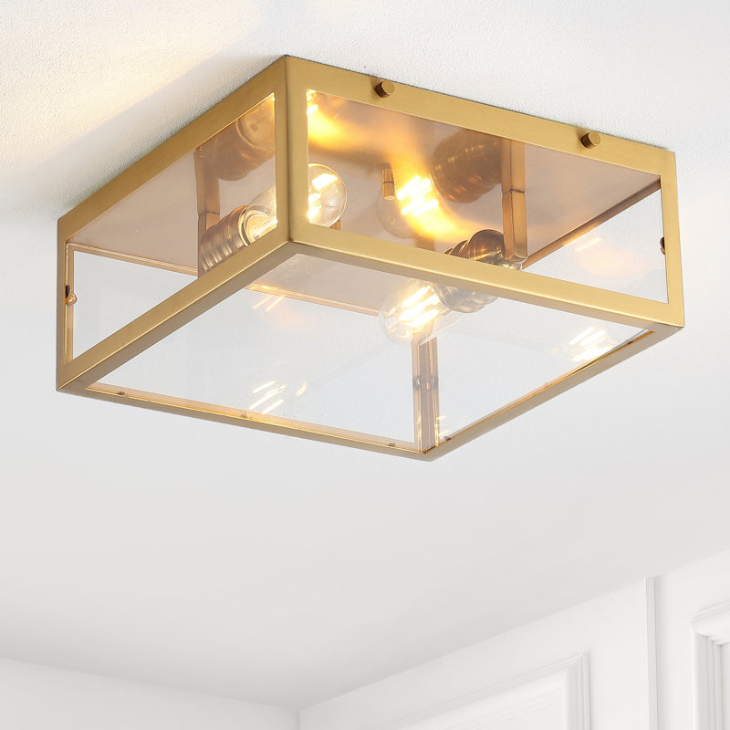 Bechtold Farmhouse Industrial Square Iron/Glass Case LED Flush Mount, Brass Gold, 5" H x 12" W x 12" D