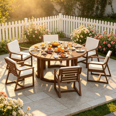 59" Round Patio Dining Set for 6 — Outdoor Wooden Table with 1.96" Umbrella Hole & Removable Cushions, Weather-Resistant Backyard/Poolside Dining Set