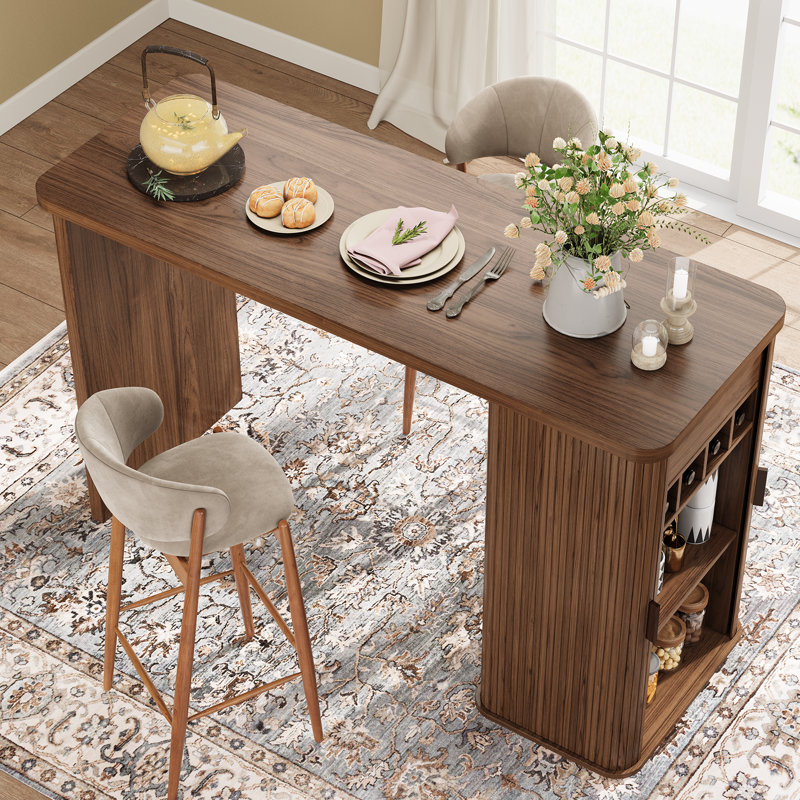 Counter Height Dining Table With Storage, Rectangular Bar Table With Drawer And Wine Rack, Walnut, 36" H x 59" W x 21.7" D