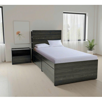 Lit simple avec rangement et 1 table de chevet gris foncé Robin