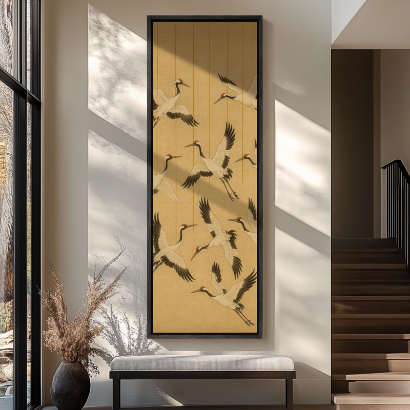 «Crane Flock in Flight», impression minimaliste sur toile encadrée, Noir, H 60 po x l 20 po x P 1,5 po