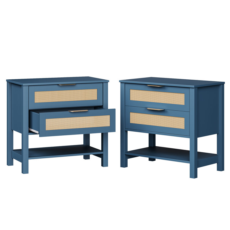 Rattan 2-Drawer End Table Set Of 2, Lake Green