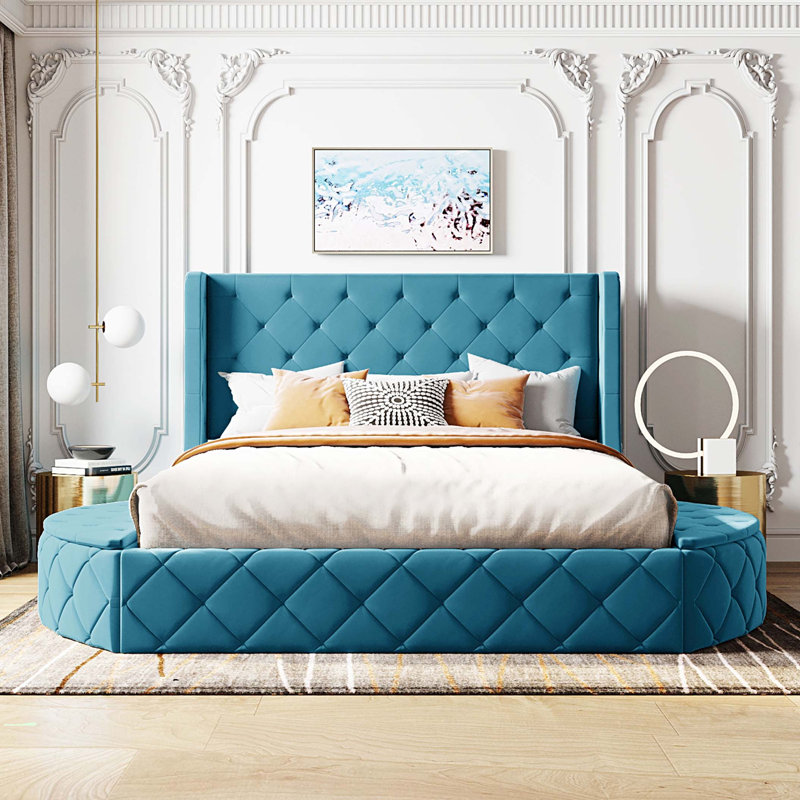 Upholstered Platform Bed Storage Velvet Bed with Wingback Headboard and 1 Big Drawer,2 Side Storage Stool, Blue