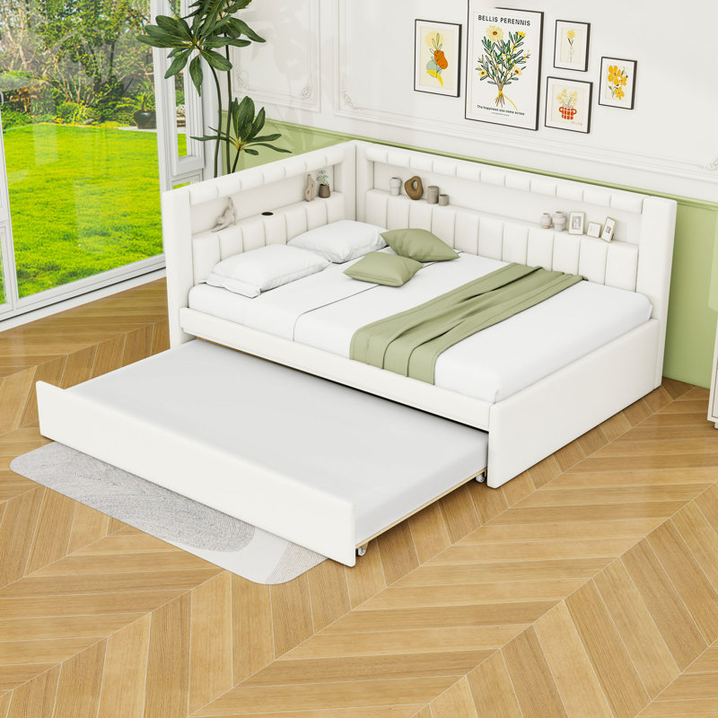 Full Upholstered Daybed with USB Ports, LED Belt and Trundle, White