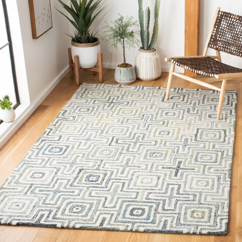 Tapis ivoire / bleu touffeté à la main Gladies, Rectangle de 5 pi x 8 pi