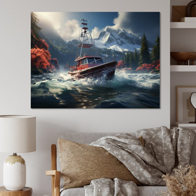 Bateau de pêche rouge et blanc dans une rivière III - Bateau de pêche, art mural