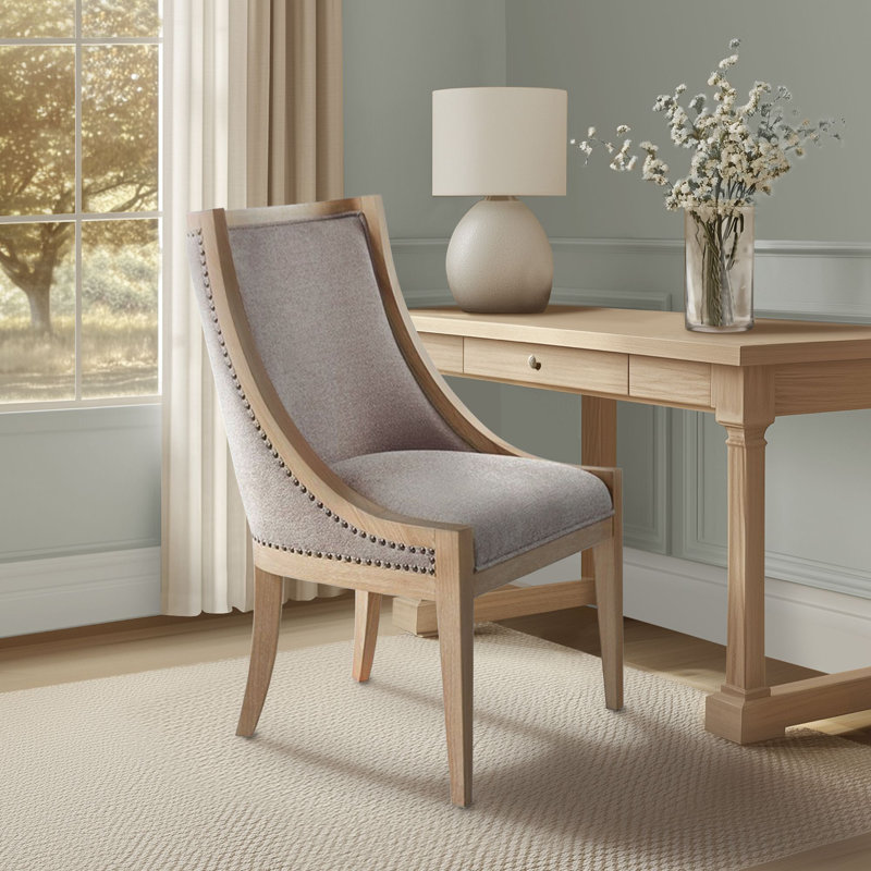 Martha Stewart Elmcrest Wood Upholstered  Dining Chair with Nailhead Trim, Linen Solid Color