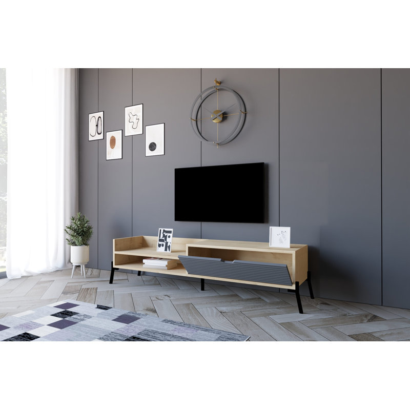 Meuble télé élégant, chêne saphir et anthracite, 63,0 po x 14,2 po x 14,6 po | Panneau de particules 100% enduit de mélamine, portes de revêtement en panneau de fibres à densité moyenne, pieds robustes en fer | Vaste espace de rangement avec plusieurs tablettes, conception moderne