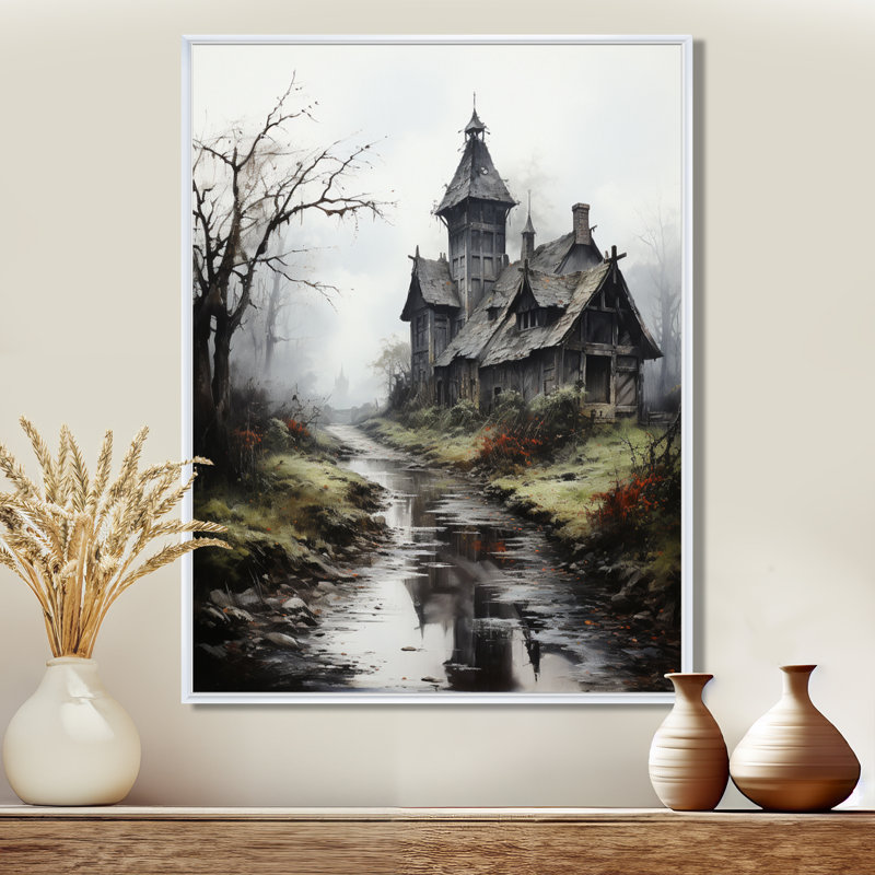 Maison hantée dans un paysage mystique, Cadre flottant blanc, 40" H x 30" W