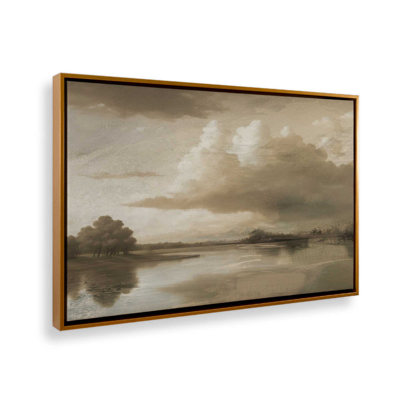 «Lake Park» par Garima Dhawan, reproduction de peinture à l'huile, H 30 po x l 40 po, Cadre flottant, Doré