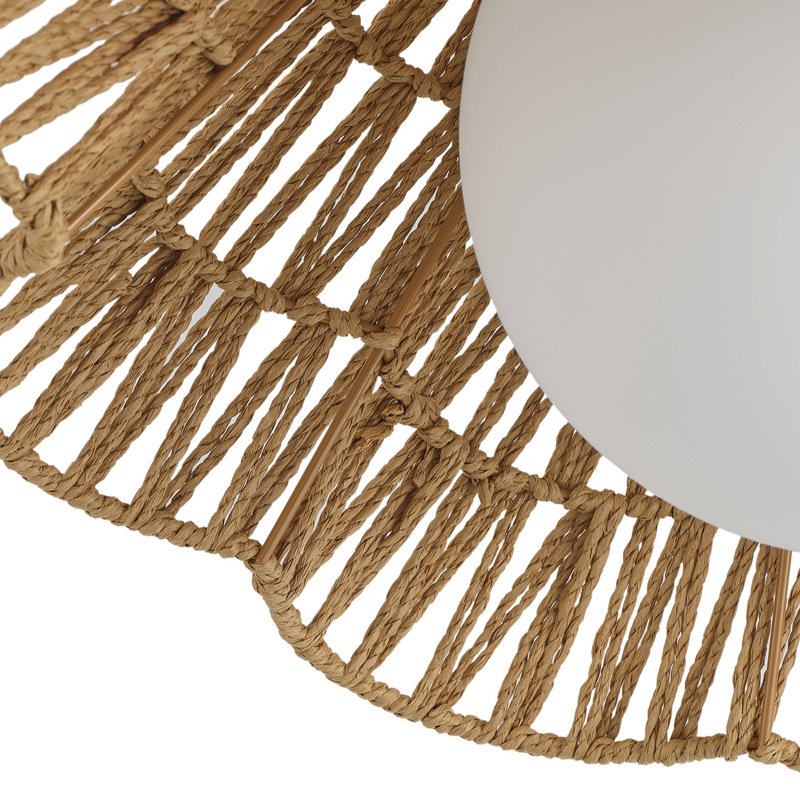 17.9" Matte Brown Iron & Woven Rattan 1-Light Flush Mount with White Globe Shade