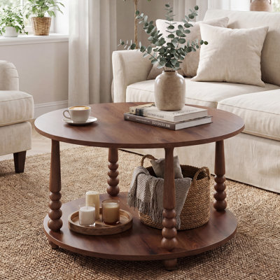 Round Open 2-Tier Shelf Coffee Table With Roman Column Legs