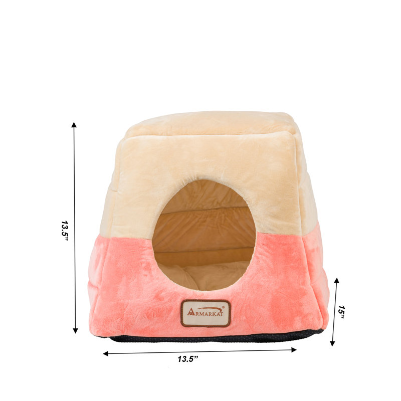 Small Orange and Beige Velvet Cat Bed with Fiberfill