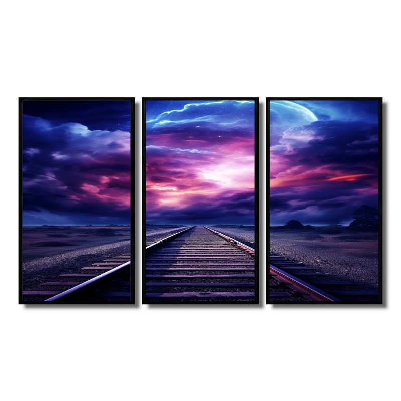 Lavande, train, rails, fuchsia, coucher de soleil I - ensemble d'art mural train, Cadre flottant noir