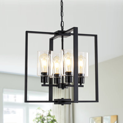 Kandras 4 - Light 18.11" Dimmable Steel Square Geometric Farmhouse Chandelier With Clear Glass Shades For Hallway,bedroom,entryway,foyer