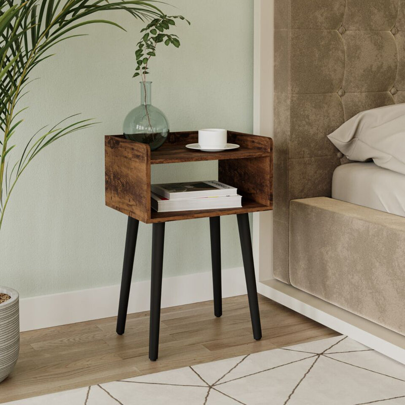 40cm W Solid Wood Bedside Table, Black, Rustic Brown