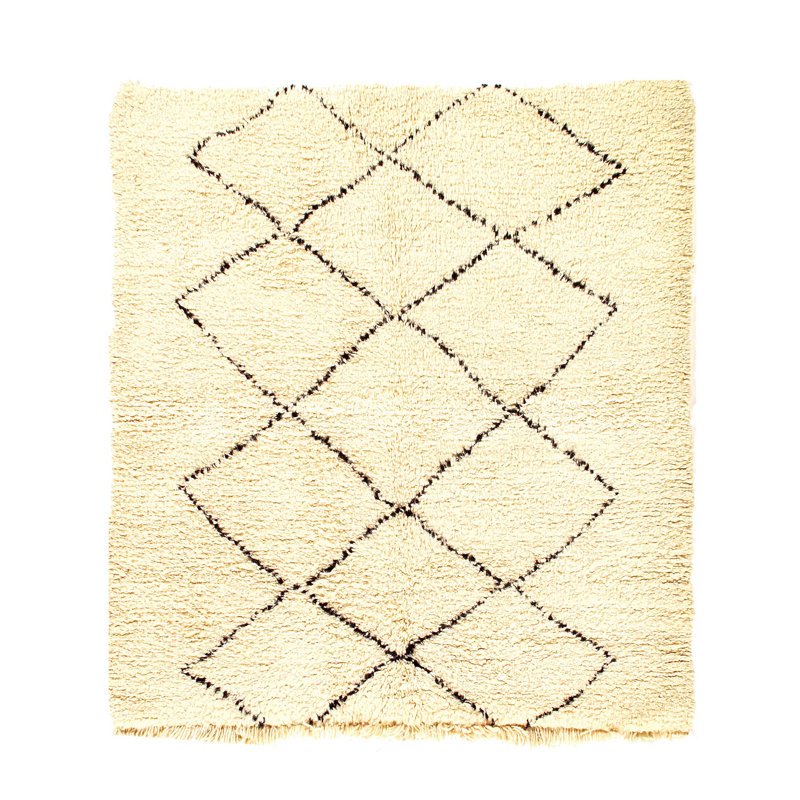 Tapis unique en laine ivoire / noir 5 pi 6 po x 6 pi Rico 1970