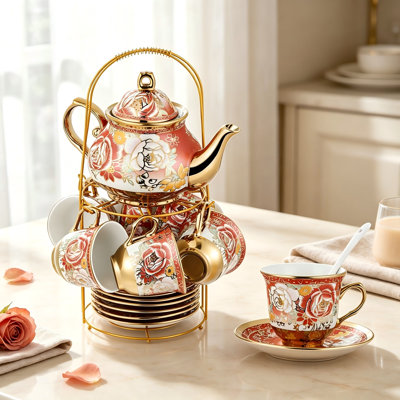 20 Pcs Porcelain Tea Set with Metal Holder and Spoon Adult Ceramic Tea Set European Flower Painting Teapot Cup Saucer Spoon for Women Mom Gift, Large Version (Noble Style)