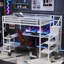 Small Space Bedroom White Finish Metal Queen Size Loft Bed With Integrated Desk, Storage and LED Lighting