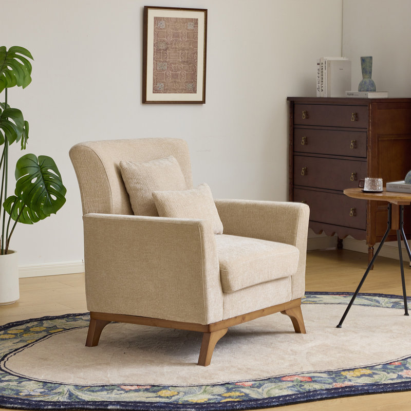 Canapé simple avec accoudoirs d'appoint en chenille de style Mid-Century moderne avec structure en bois massif, Beige