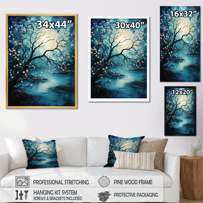 Clair de lune azuré, rivière mystique I sur toile, Cadre photo argenté, H 32 po x l 16 po x P 1 po