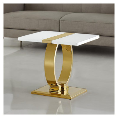Table d'appoint contemporaine dorée et blanche avec piètement à tréteaux en forme de O et plateau carré